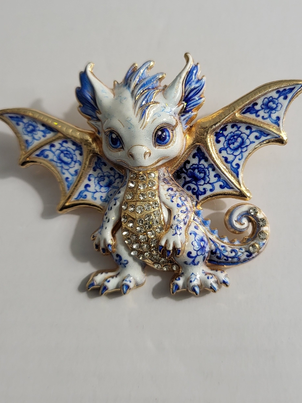 Blue and White Enamel &  Rhinestones Baby  Dragon Brooch